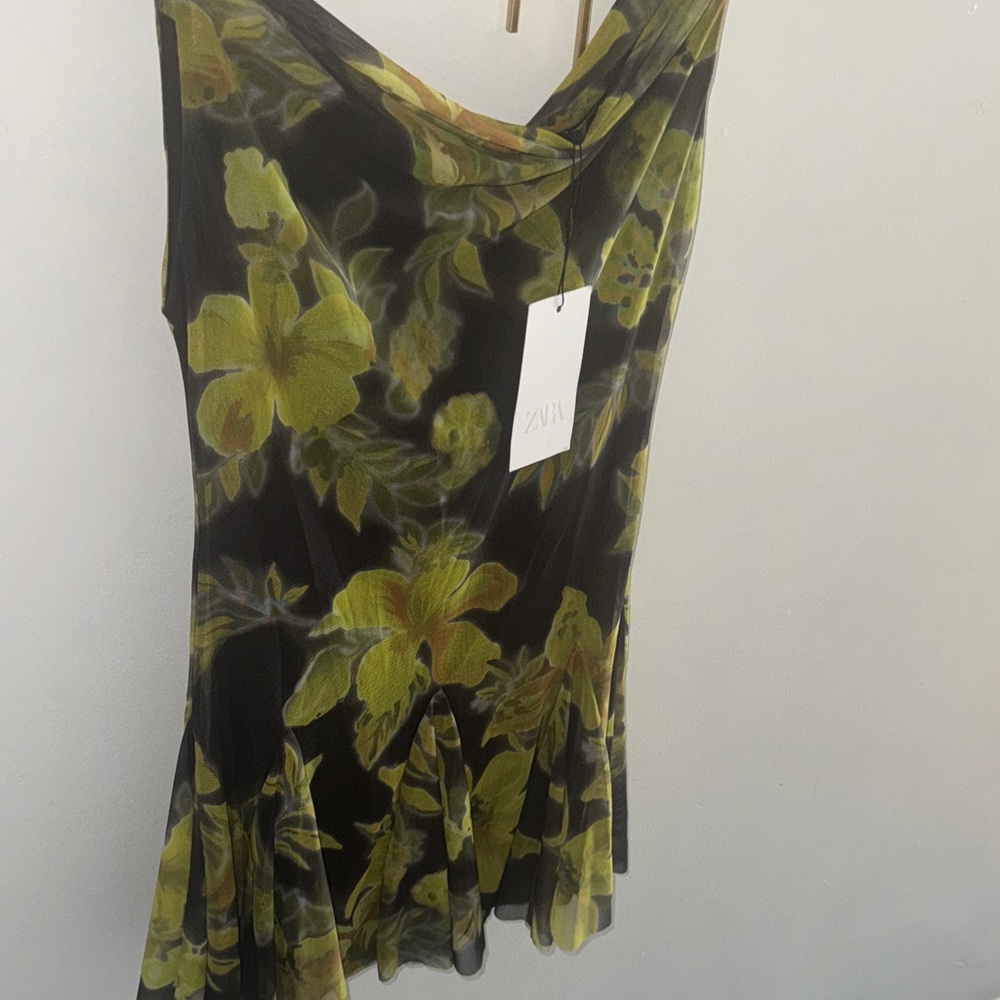 Zara Black Slip Dress with Olive Floral Print